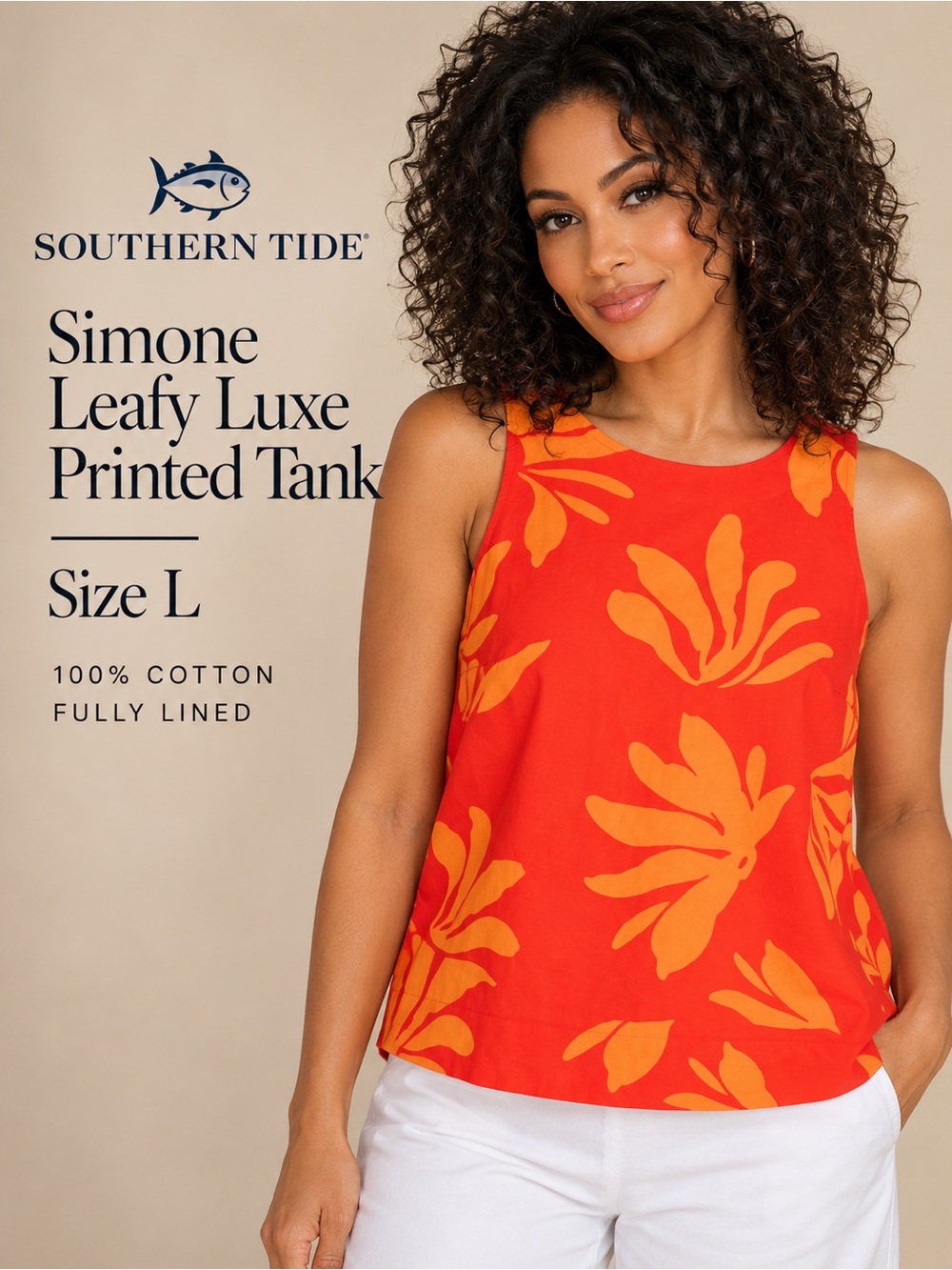 Southern Tide Simone Leafy Luxe Printed Tank Red Orange Size L